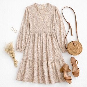 Hayden Los Angeles Floral Smocked Tiered Lined Midi Dress Tan Sz L Boho Romantic